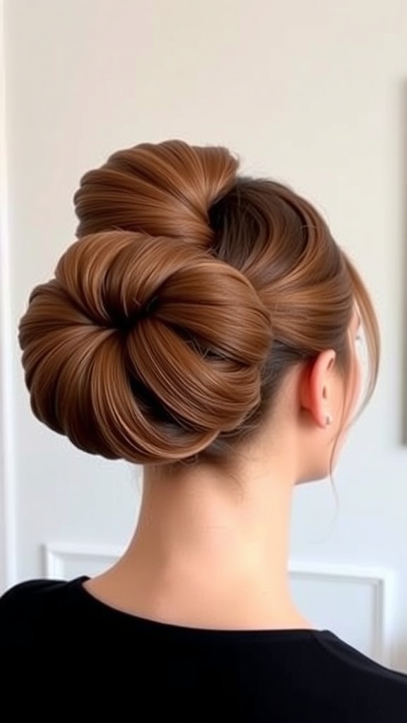 A high donut hair bun styled neatly with a hair donut, perfect for various occasions.